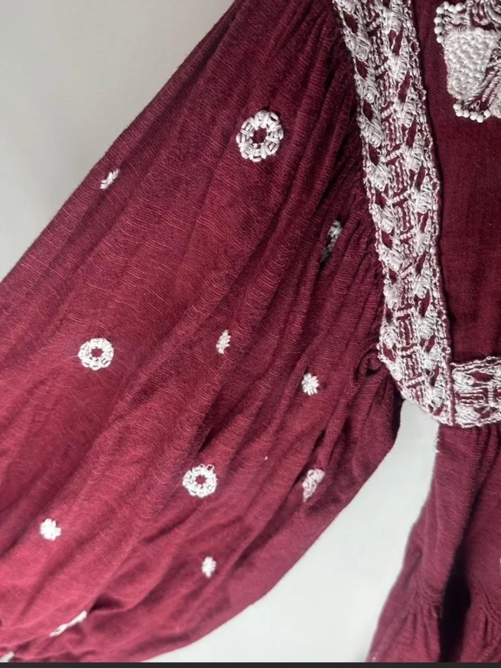 Free People Edie Top Sweet Raisin Maroon Embroidered Boho Peasant Blouse Size XS